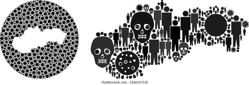 Mosaic Slovakia map organized from flu virus items and population and mortal elements. Infection virus Slovakia map mosaic designed with circle and subtracted shape.