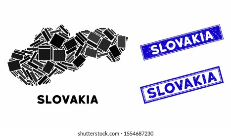 Mosaic Slovakia map and rectangular stamps. Flat vector Slovakia map mosaic of randomized rotated rectangular items. Blue caption rubber stamps with grunge texture.