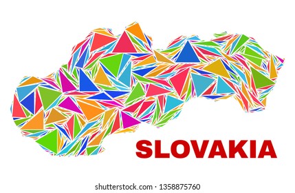 Mosaic Slovakia map of triangles in bright colors isolated on a white background. Triangular collage in shape of Slovakia map. Abstract design for patriotic decoration.