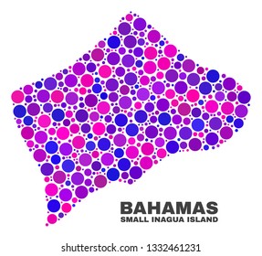 Mosaic Small Inagua Island map isolated on a white background. Vector geographic abstraction in pink and violet colors. Mosaic of Small Inagua Island map combined of random circle elements.