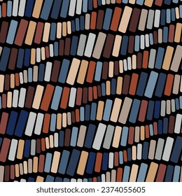 Mosaic with small multicolored rectangle tiles on a black background arranged on horizontal wavy lines. Seamless repeating pattern. Vector illustration.