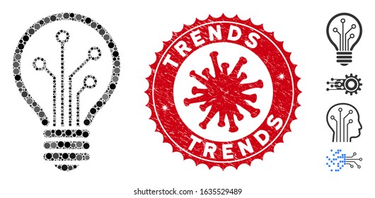 Mosaic smart bulb icon and red round rubber stamp watermark with Trends text and coronavirus symbol. Mosaic vector is composed with smart bulb icon and with scattered round spots.