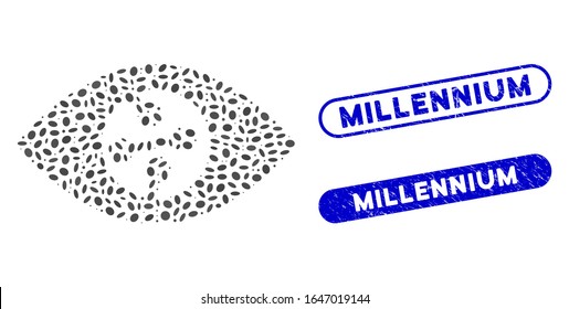 Mosaic smart contact lens and corroded stamp seals with Millennium caption. Mosaic vector smart contact lens is designed with randomized oval elements. Millennium stamp seals use blue color,