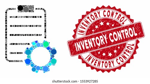 Mosaic smart contract gear and distressed stamp seal with Inventory Control phrase. Mosaic vector is created with smart contract gear icon and with randomized spheric spots.