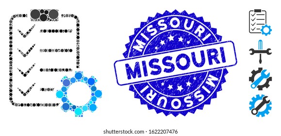 Mosaic smart contract gear icon and rubber stamp seal with Missouri text. Mosaic vector is designed with smart contract gear icon and with randomized circle elements.