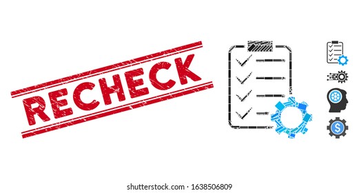 Mosaic smart contract gear pictogram and red Recheck rubber print between double parallel lines. Flat vector smart contract gear mosaic pictogram of scattered rotated rectangle elements.