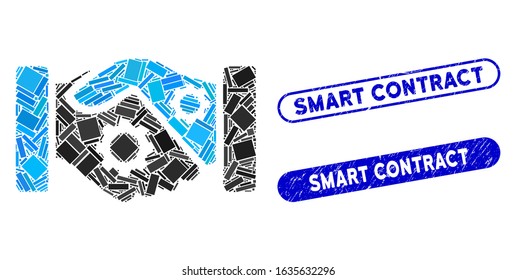 Mosaic smart contract handshake and grunge stamp seals with Smart Contract phrase. Mosaic vector smart contract handshake is designed with random rectangles. Smart Contract stamp seals use blue color,