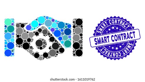 Mosaic smart contract handshake icon and corroded stamp watermark with Smart Contract text. Mosaic vector is composed with smart contract handshake icon and with random round spots.