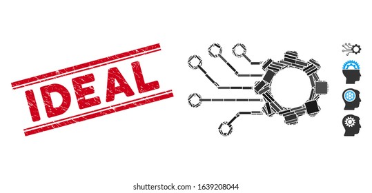 Mosaic smart gear icon and red Ideal stamp between double parallel lines. Flat vector smart gear mosaic icon of scattered rotated rectangular items. Red Ideal stamp with rubber surface.