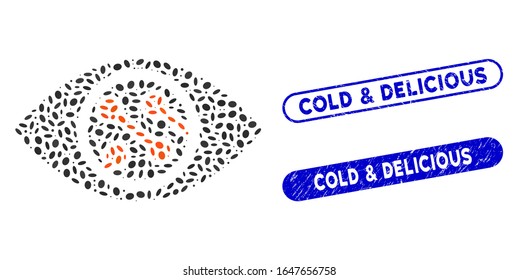 Mosaikobjektiv und korrodierte Stempeldichtungen mit Cold & Delicious Phrase. Mosaik Vektorillustration Smart Linse ist mit zufälligen elliptischen Punkten gebildet. Cold & Delicious Briefmarken verwenden blaue Farbe,