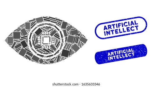 Mosaic smart vision eye and grunge stamp seals with Artificial Intellect caption. Mosaic vector smart vision eye is composed with scattered rectangle items.