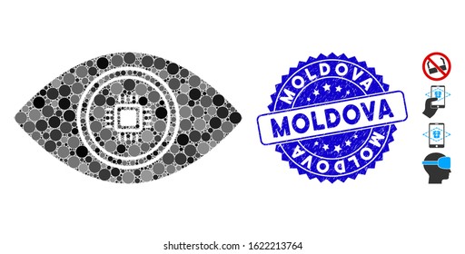 Mosaic smart vision eye icon and grunge stamp seal with Moldova caption. Mosaic vector is created with smart vision eye icon and with random circle elements. Moldova stamp seal uses blue color,