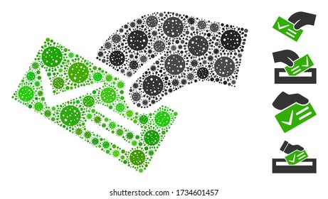 Mosaic smart vote constructed from coronavirus icons in different sizes and color hues. Vector infection icons are composed into abstract mosaic smart vote icon. Some bonus icons are added.