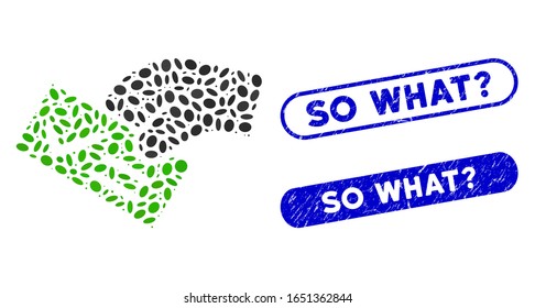 Mosaic smart vote and corroded stamp seals with So What? text. Mosaic vector smart vote is created with random ellipse spots. So What? stamp seals use blue color, and have rounded rectangle shape.