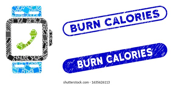 Mosaic smart watch and corroded stamp seals with Burn Calories text. Mosaic vector smart watch is designed with scattered rectangle items. Burn Calories stamp seals use blue color,