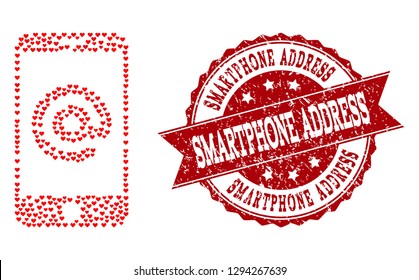 Mosaic smartphone address designed with red valentine hearts, and isolated grunge seal. Composition for Valentines Day.
