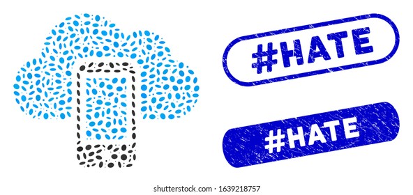 Mosaic smartphone and corroded stamp seals with #Hate caption. Mosaic vector smartphone is designed with random oval spots. #Hate stamp seals use blue color, and have round rectangle shape.