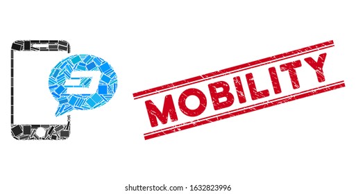 Mosaic smartphone Dash message icon and red Mobility seal stamp between double parallel lines. Flat vector smartphone Dash message mosaic icon of randomized rotated rectangular elements.