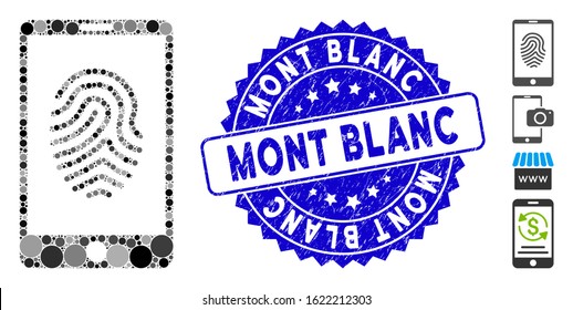 Mosaic smartphone fingerprint icon and rubber stamp seal with Mont Blanc text. Mosaic vector is created with smartphone fingerprint icon and with random circle elements.