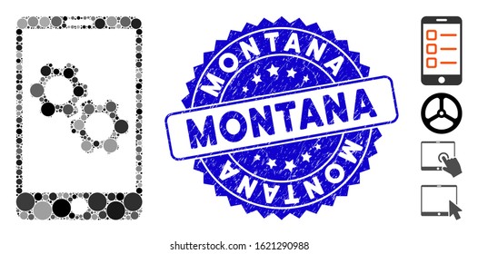 Mosaic smartphone gear options icon and rubber stamp watermark with Montana caption. Mosaic vector is designed with smartphone gear options icon and with random spheric spots.