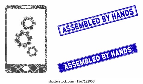 Mosaic smartphone gears icon and rectangle seals. Flat vector smartphone gears mosaic icon of random rotated rectangle elements. Blue caption rubber seals with corroded texture.
