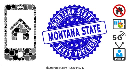 Mosaic smartphone homepage icon and rubber stamp seal with Montana State text. Mosaic vector is formed with smartphone homepage pictogram and with randomized circle elements.