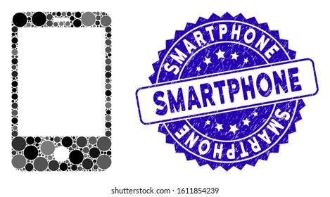 Mosaic smartphone icon and grunge stamp seal with Smartphone phrase. Mosaic vector is created from smartphone icon and with randomized spheric elements. Smartphone stamp seal uses blue color,