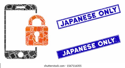 Mosaic smartphone locked pictogram and rectangle seal stamps. Flat vector smartphone locked mosaic pictogram of random rotated rectangle elements. Blue caption rubber stamps with grunge textures.