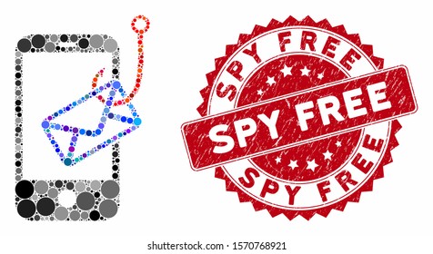Mosaic smartphone mail phishing and grunge stamp seal with Spy Free phrase. Mosaic vector is created with smartphone mail phishing icon and with scattered circle spots.