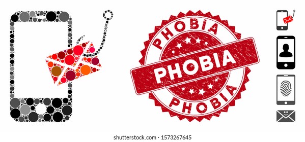 Mosaic smartphone message phishing icon and rubber stamp seal with Phobia caption. Mosaic vector is designed from smartphone message phishing icon and with scattered round spots.