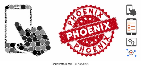 Mosaic smartphone point icon and grunge stamp seal with Phoenix phrase. Mosaic vector is created from smartphone point icon and with randomized round spots. Phoenix seal uses red color,