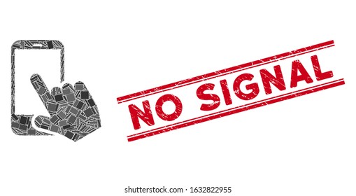 Mosaic smartphone point icon and red No Signal watermark between double parallel lines. Flat vector smartphone point mosaic icon of randomized rotated rectangle elements.