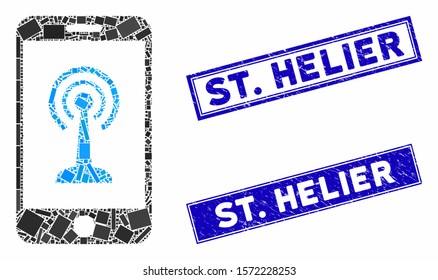 Mosaic smartphone radio control icon and rectangular St. Helier stamps. Flat vector smartphone radio control mosaic icon of scattered rotated rectangular elements. Blue St.