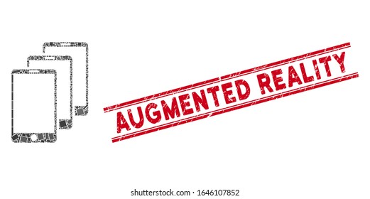 Mosaic smartphones pictogram and red Augmented Reality stamp between double parallel lines. Flat vector smartphones mosaic pictogram of scattered rotated rectangle items.