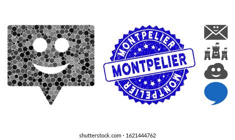 Mosaic smile banner icon and grunge stamp seal with Montpelier text. Mosaic vector is composed with smile banner icon and with random round elements. Montpelier seal uses blue color,