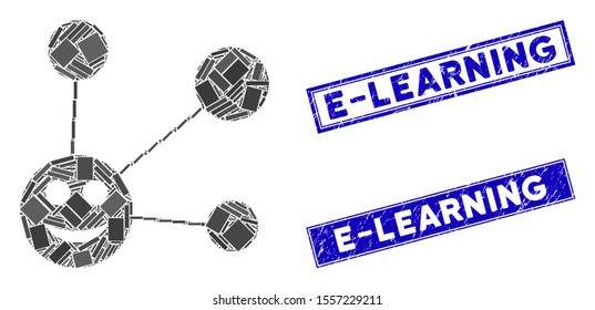 Mosaic smile connections icon and rectangular watermarks. Flat vector smile connections mosaic icon of random rotated rectangular elements. Blue caption watermarks with rubber texture.