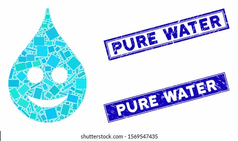 Mosaic smile drop icon and rectangle stamps. Flat vector smile drop mosaic icon of randomized rotated rectangle elements. Blue caption stamp imprints with grunge textures.