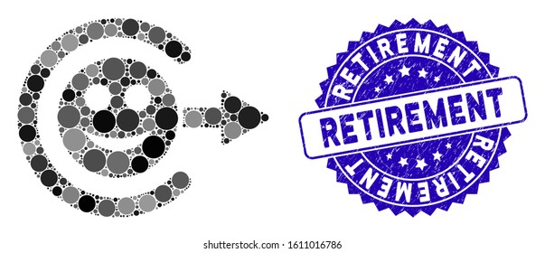 Mosaic smile exit icon and distressed stamp watermark with Retirement phrase. Mosaic vector is created with smile exit icon and with scattered circle elements. Retirement stamp uses blue color,