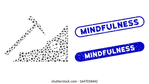 Mosaic smile mining and distressed stamp seals with Mindfulness text. Mosaic vector smile mining is created with randomized elliptic elements. Mindfulness seals use blue color,