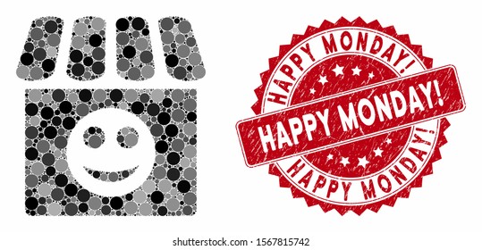 Mosaic smile shop and corroded stamp seal with Happy Monday! caption. Mosaic vector is formed from smile shop icon and with randomized circle spots. Happy Monday! stamp seal uses red color,
