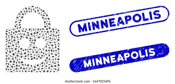 Mosaic smiled lock and distressed stamp seals with Minneapolis text. Mosaic vector smiled lock is composed with random elliptic items. Minneapolis stamp seals use blue color,