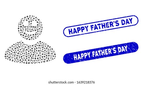 Mosaic smiled man and rubber stamp seals with Happy Father'S Day text. Mosaic vector smiled man is formed with scattered elliptic dots. Happy Father'S Day seals use blue color,