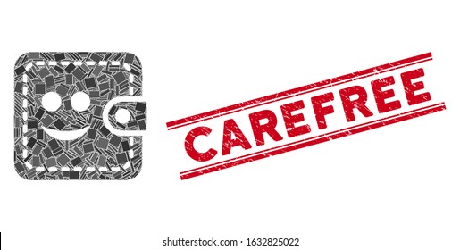 Mosaic smiled wallet pictogram and red Carefree seal stamp between double parallel lines. Flat vector smiled wallet mosaic pictogram of randomized rotated rectangle elements.