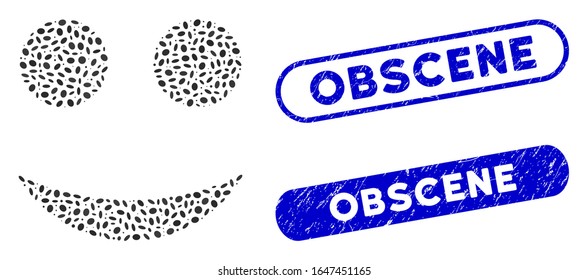 Mosaic smiley and corroded stamp seals with Obscene phrase. Mosaic vector smiley is designed with randomized elliptic dots. Obscene stamp seals use blue color, and have round rectangle shape.