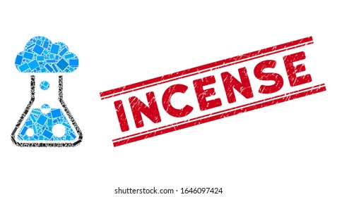 Mosaic smog flask icon and red Incense stamp between double parallel lines. Flat vector smog flask mosaic icon of scattered rotated rectangular items. Red Incense seal stamp with distress textures.