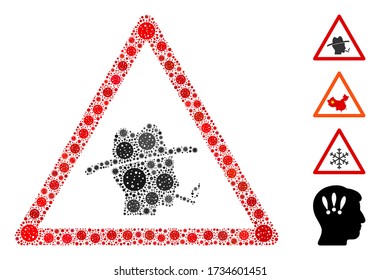 Mosaic smoker warning organized from covid-2019 virus icons in different sizes and color hues. Vector viral items are organized into abstract collage smoker warning icon. Some bonus icons are added.