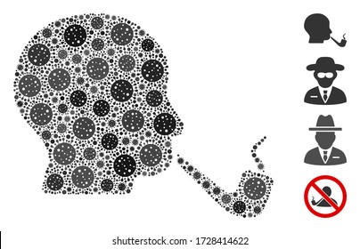 Mosaic smoking detective organized from flu virus elements in different sizes and color hues. Vector viral elements are composed into abstract mosaic smoking detective icon.