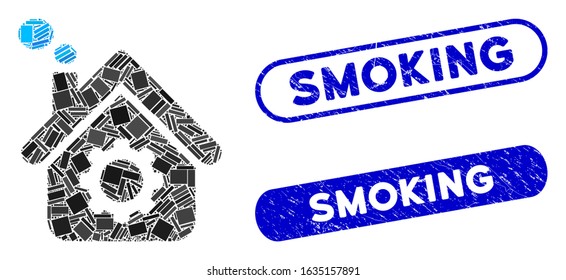 Mosaic smoking factory and rubber stamp watermarks with Smoking phrase. Mosaic vector smoking factory is composed with scattered rectangle items. Smoking stamps use blue color,