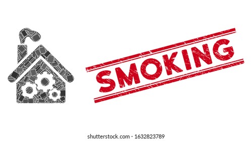 Mosaic smoking garage factory pictogram and red Smoking seal between double parallel lines. Flat vector smoking garage factory mosaic icon of random rotated rectangular items.