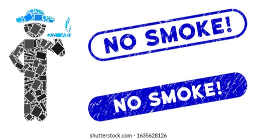 Mosaic smoking gentleman and distressed stamp seals with No Smoke! phrase. Mosaic vector smoking gentleman is created with random rectangle items. No Smoke! stamp seals use blue color,